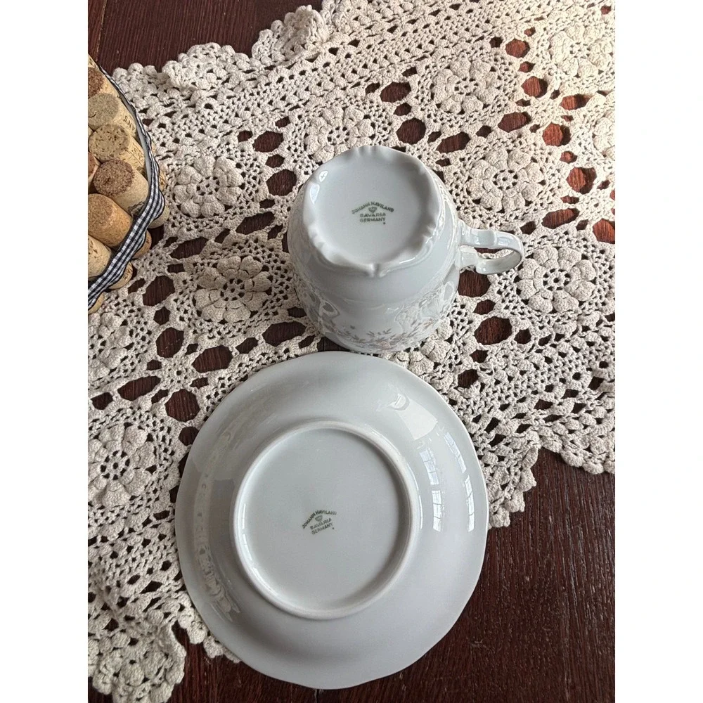 Johann Haviland Bavaria Blue Garland Teacup and‎ Saucer Set Silver Trim Germany